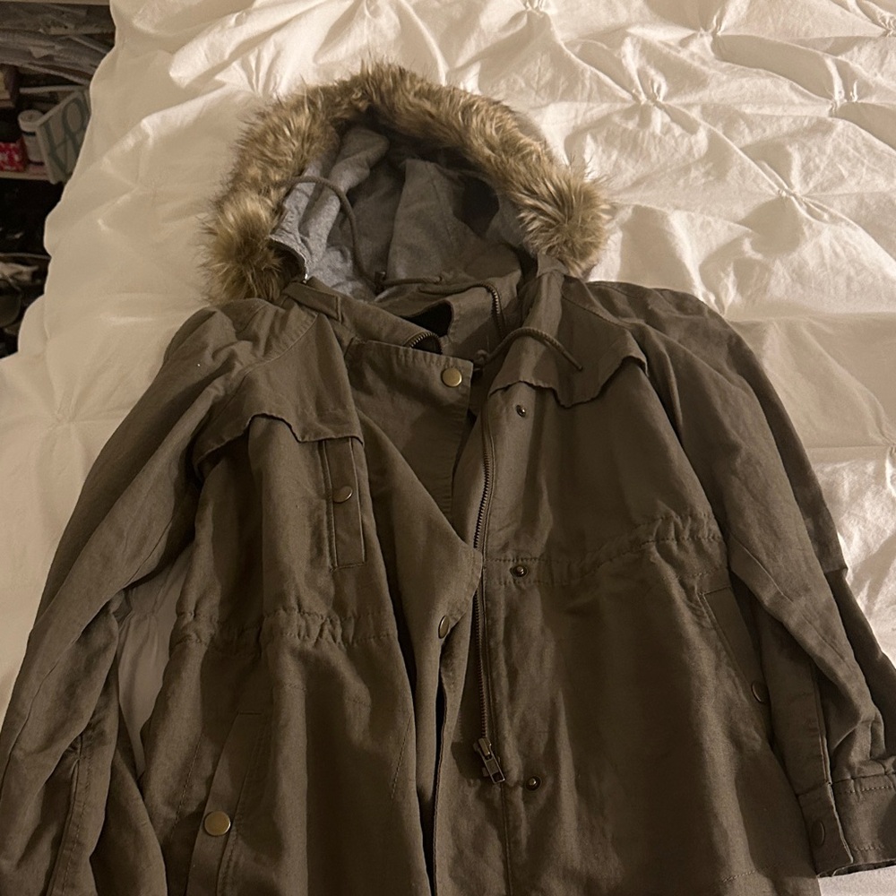 LOFT Brown Hooded Jacket with Faux Fur Trim